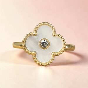 Elegant White & Gold Stainless Steel Clover Ring - Size 7